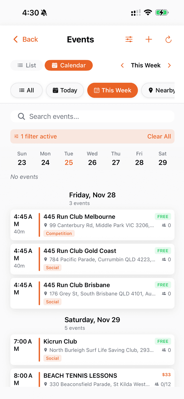 Fitness Events Interface